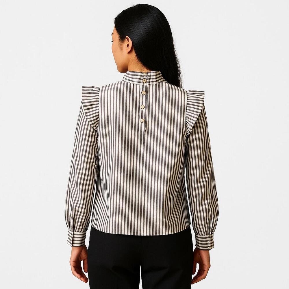 NEW Everlane The Wing-Shoulder Mockneck Top Blouse Pecan White Stripes Size 12 - Picture 4 of 9